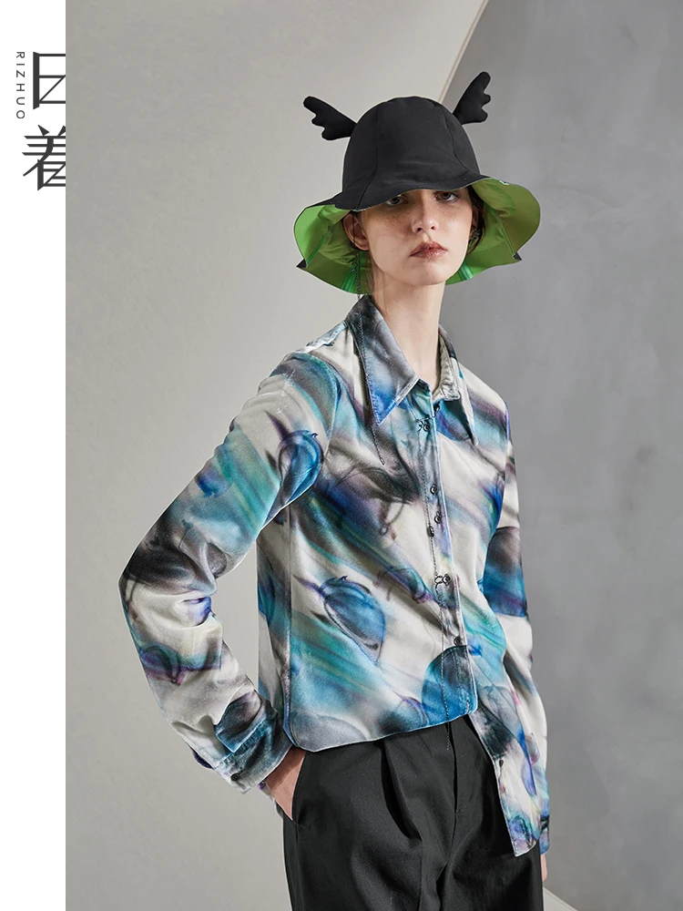 

Original Design Silk Velvet irt Soft Color Blo Print Women's Premium Spring New Sle Collar Long Sve Loose Fit