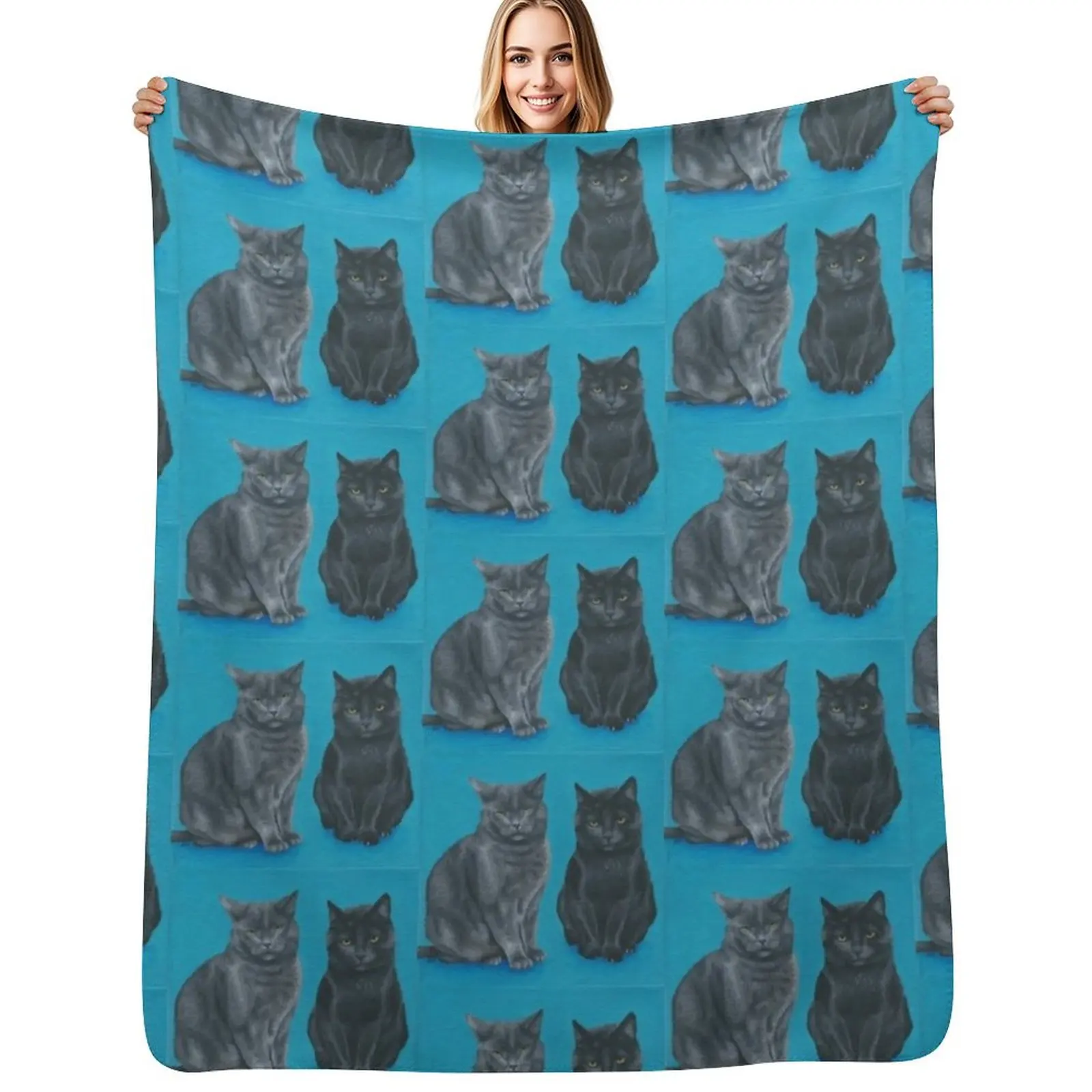 Two Sassy Cats Hand-Painted Portrait Throw Blanket Hairy Bed Fashionable Flannels Soft Custom manga Blankets