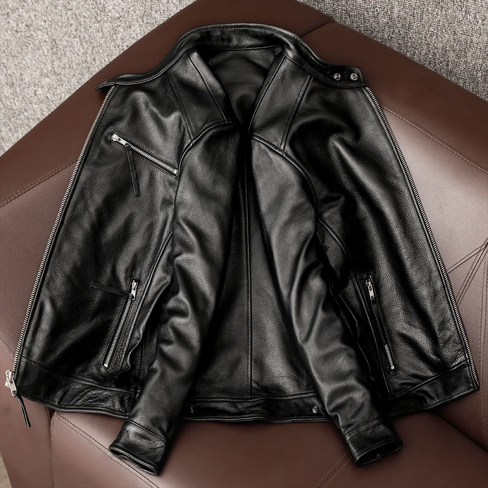 New trendy pure top layer soft cowhide genuine leather jacket men\'s slim-fit stand-up collar leather jacket coat