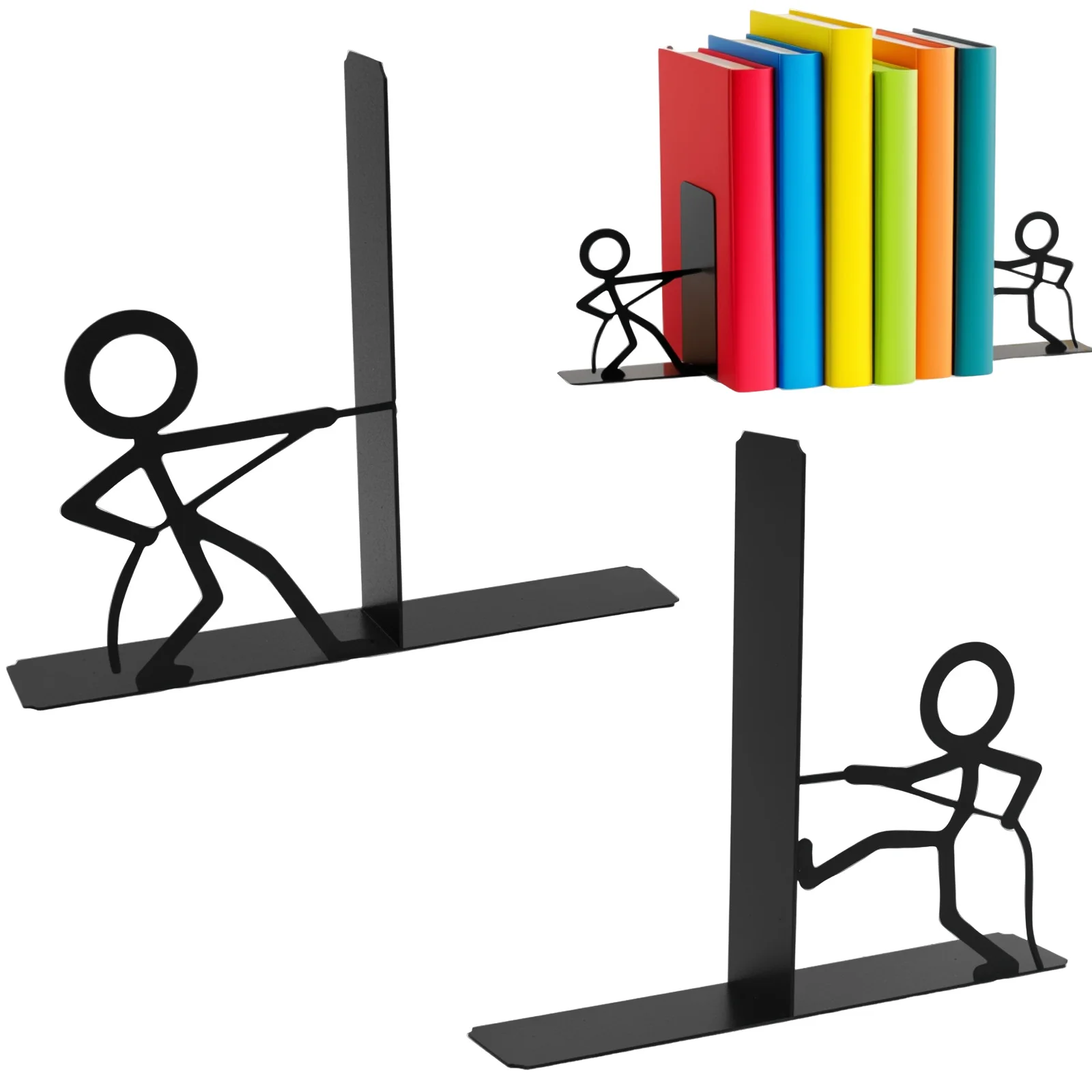 1 Pair Desktop Bookend Metal Decorative Bookshelf Creative Stick Figure Bookend Non-slip Document Organizer Books Storage Rack
