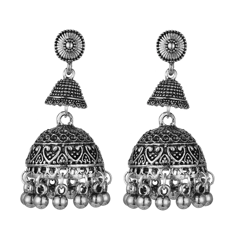 Indian Oxidized Jewelry Women\'s Gold Silver Color Big Bell Jhumka Earrings Ethnic Gypsy Tassel Alloy Drop Earing Tibetan Jewelry