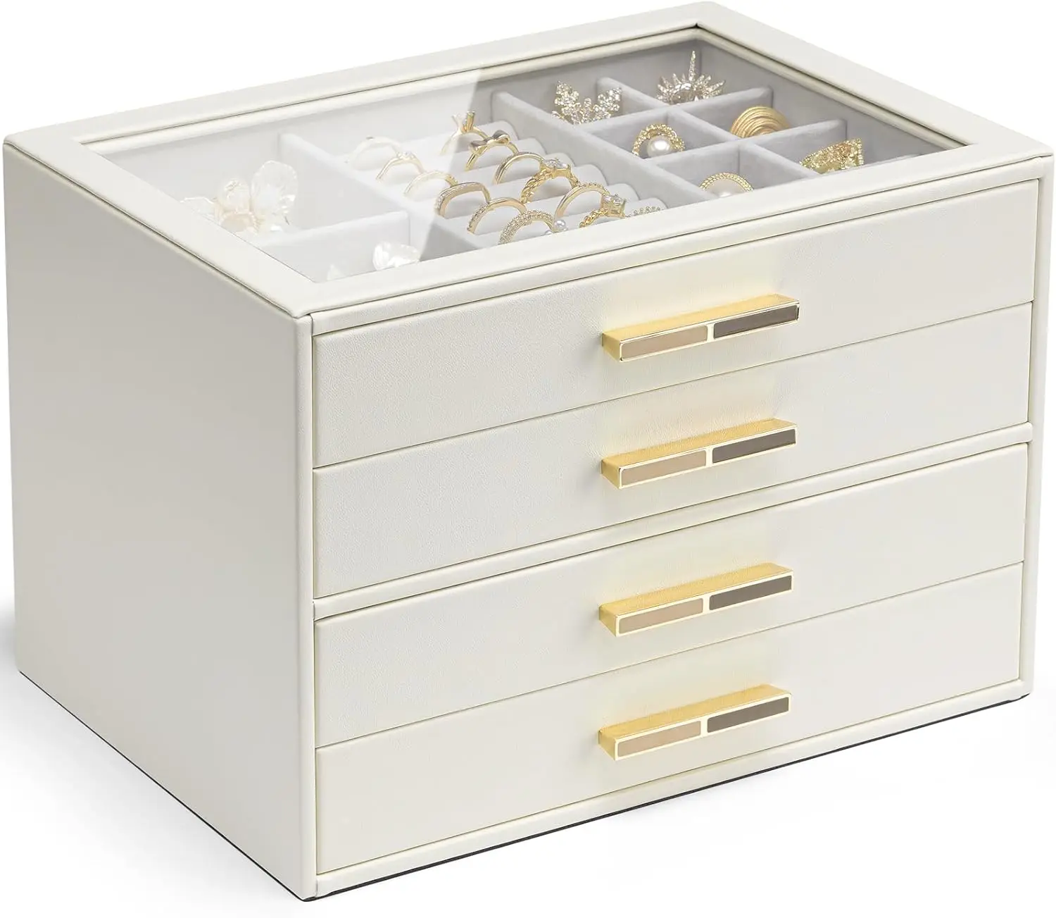 

4-слойный органайзер для украшений со стеклянной крышкой и выдвижными ящиками для колье, колец, серег и браслетов, цвет облачно-белый