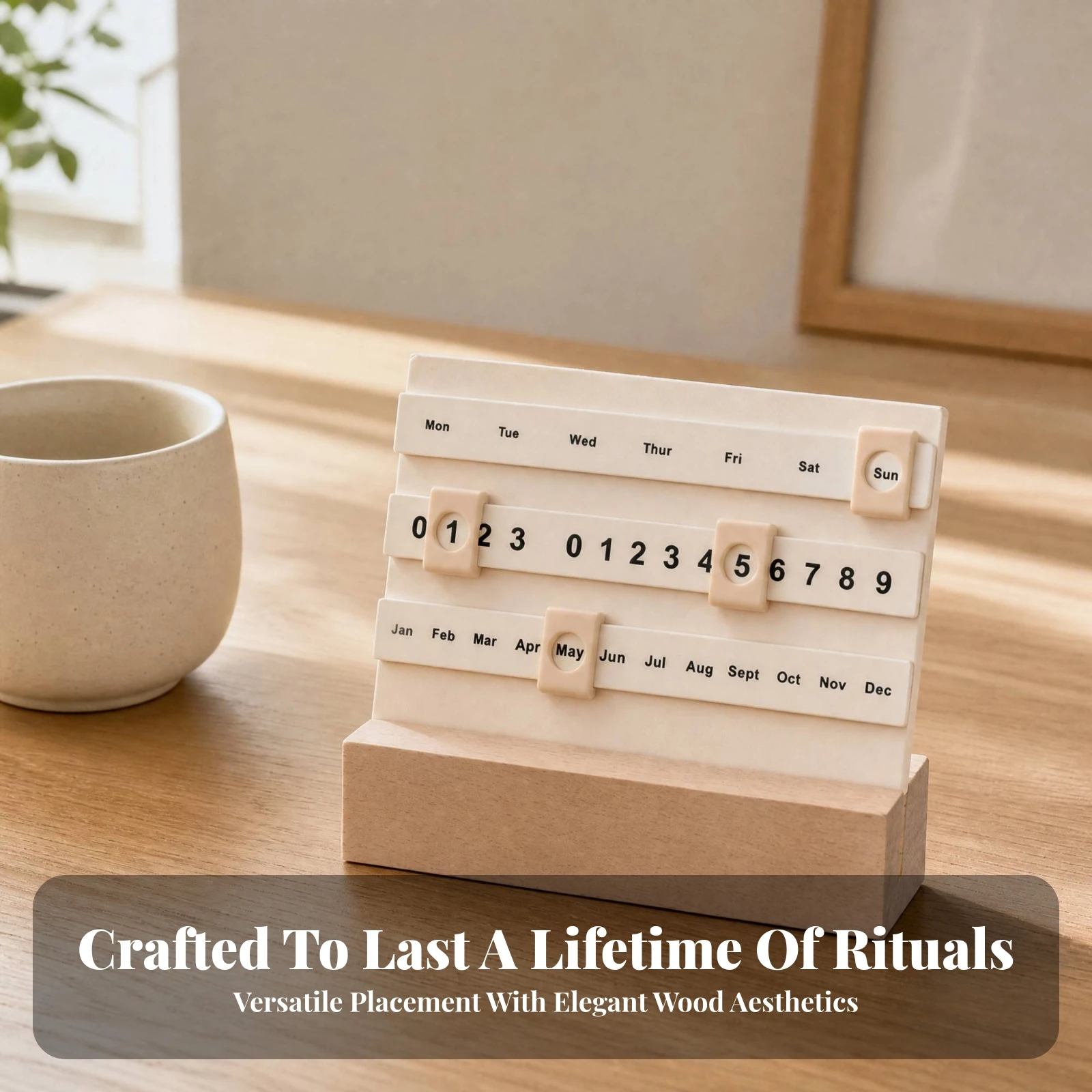 Wooden Perpetual Calendar Functional Perpetual Desk Calendar Sliding Date Tracker Compact Modern for Minimalists, Study Area