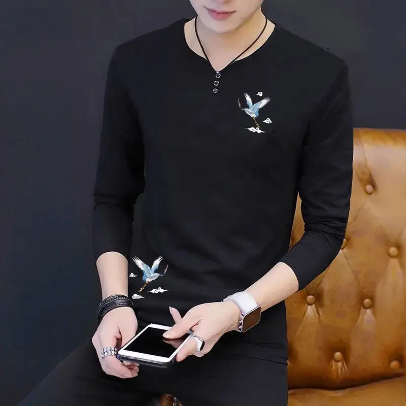 New National Trend Crane Pattern Men Thin Long Sleeve T Shirt V Neck Cotton Autumn Inner Top