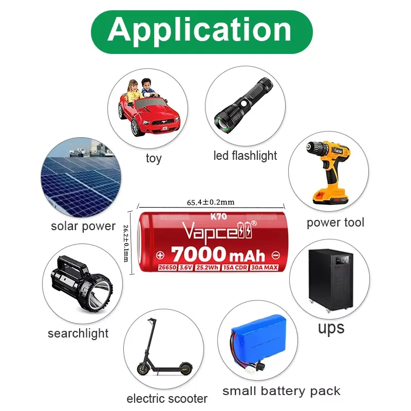 بطارية Vapcell K70 26650 الأصلية 7000mAh CDR 15A Max 30A قدرة عالية 26650 خلية بطارية ليثيوم أيون قابلة للشحن