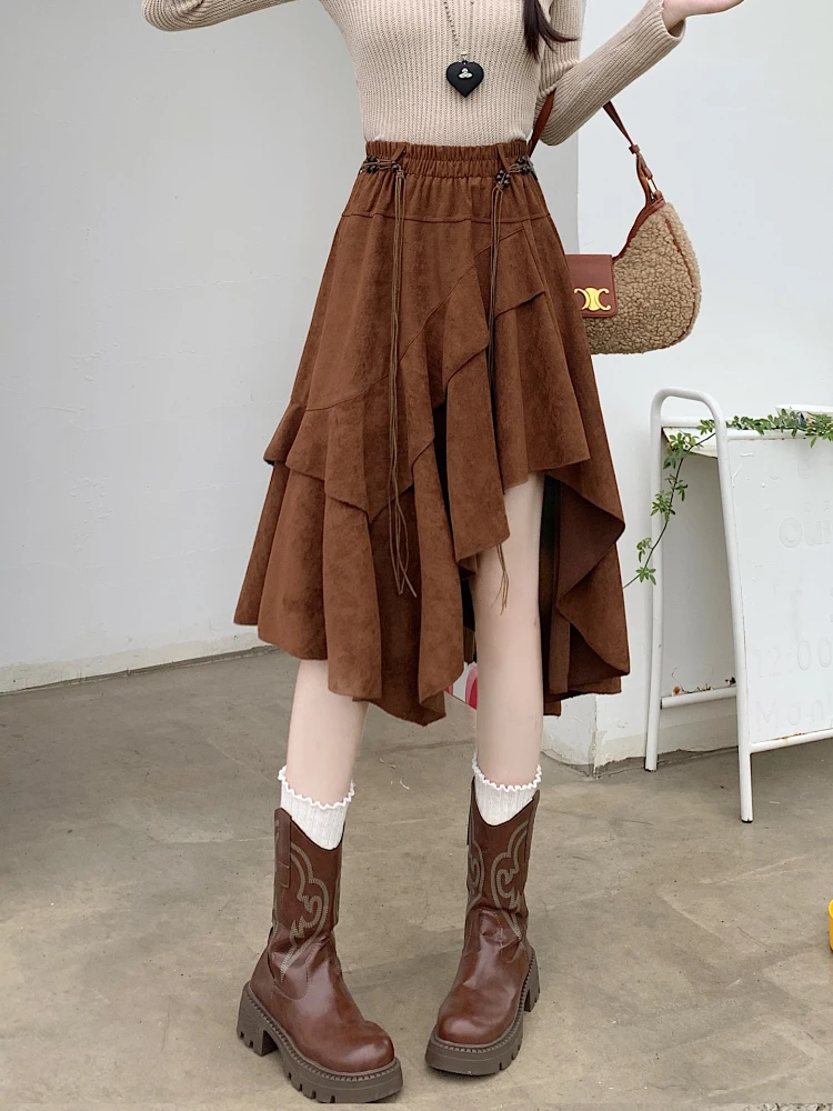 Irregular half skirt women autumn and winter 2025 new high waist slimming A-line casual Gothic street midle length skirt