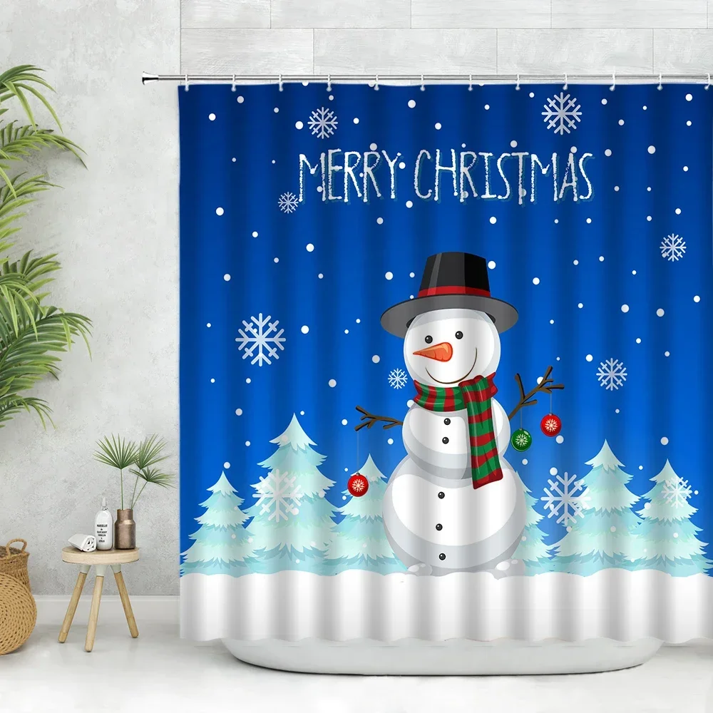 Christmas Shower Curtain Set Cartoon Cute Snowmen Pine Tree Snow Snowflakes Blue Bathroom Curtains Xmas Decor Fabric Cloth Hooks