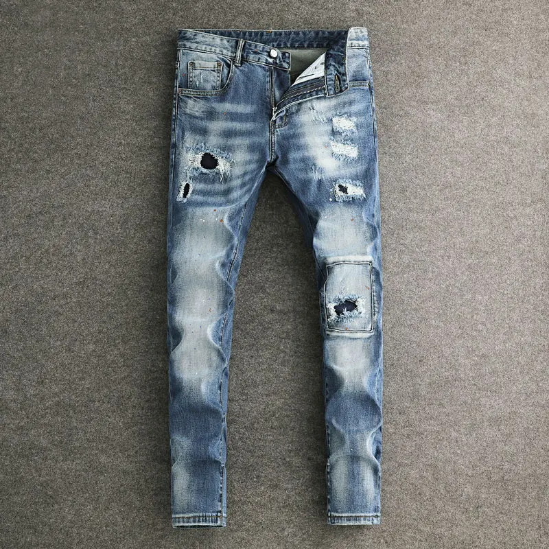 

Street Fashion Men Jeans Retro Washed Blue Stretch Slim Fit Ripped Jeans Men Patched Designer Hip Hop Vintage Denim Pants Hombre