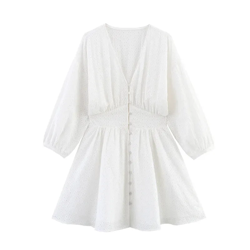 

Women's Retro V-neck Mini Dress Long Lantern Sleeve Embroidery Hollow Single-breasted Pleated Summer Solid Color Loose Fit