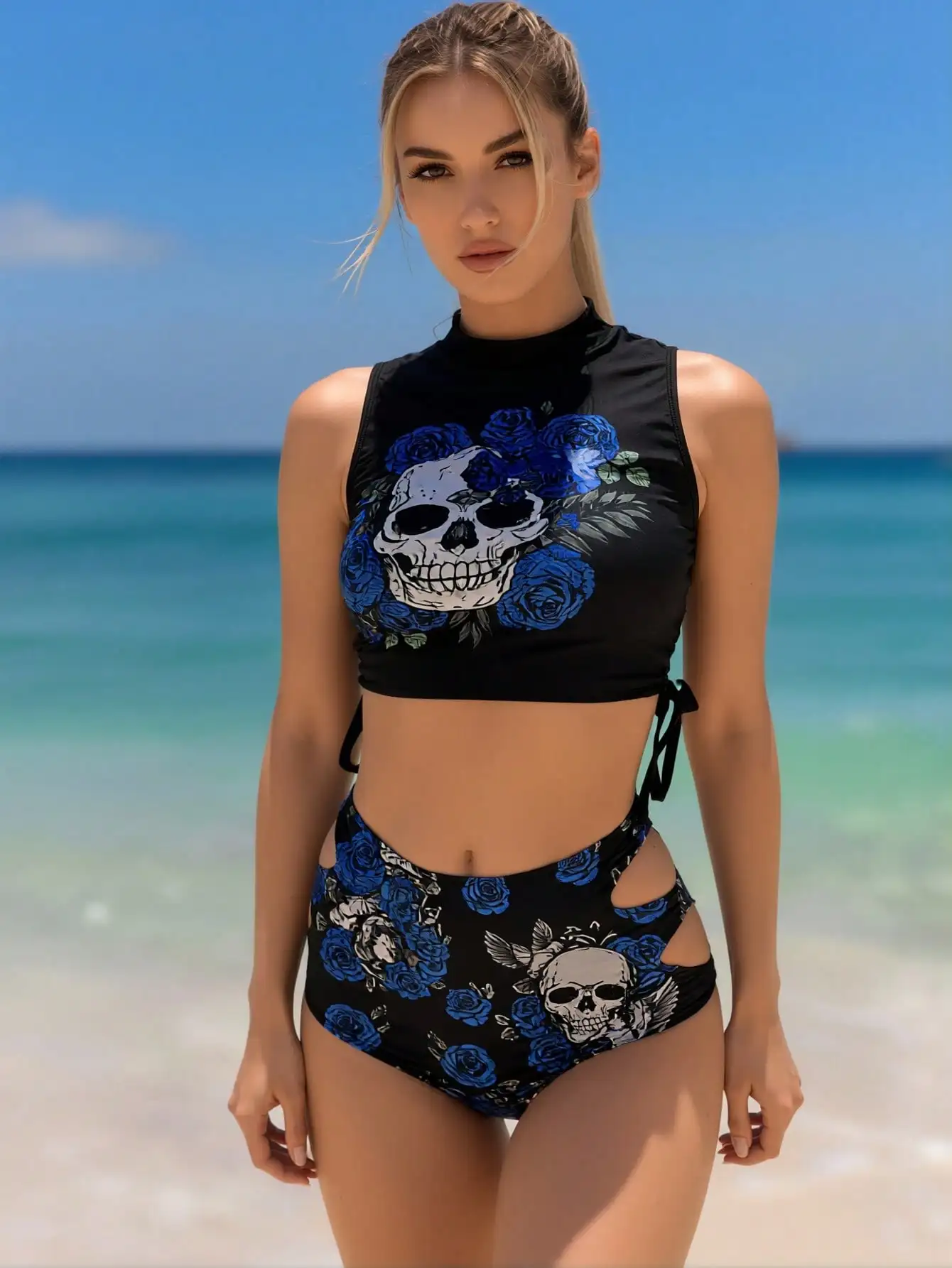 2026 New Gothic Skull & Blue Rose Print Bikini Set Women's High Neck Sleeveless Top + Cutout High-Waisted Bottoms for Beach Vacation, Edgy & Slim Fit