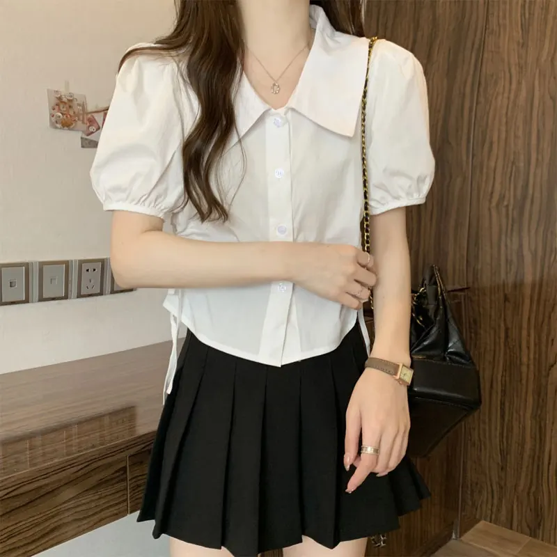 French Style Shirring Drawstring Blouse Summer Solid Color Women's Clothing Turn-down Collar Waist Single-breasted Short Shirts