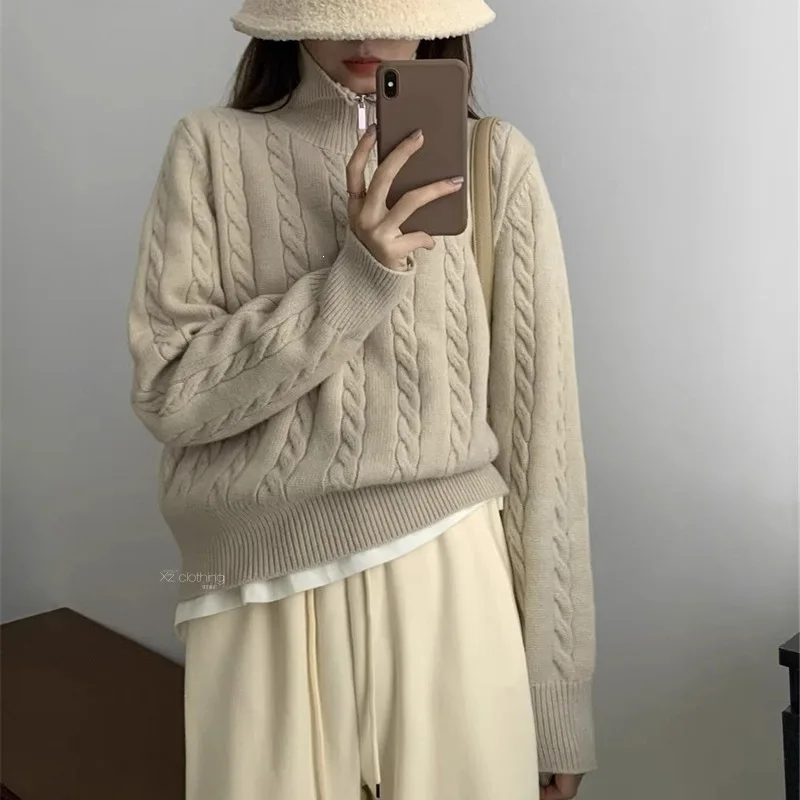 Women Half Zip Turtleneck Cable Knit Sweater Loose Short Pullover Casual Knitwear Top