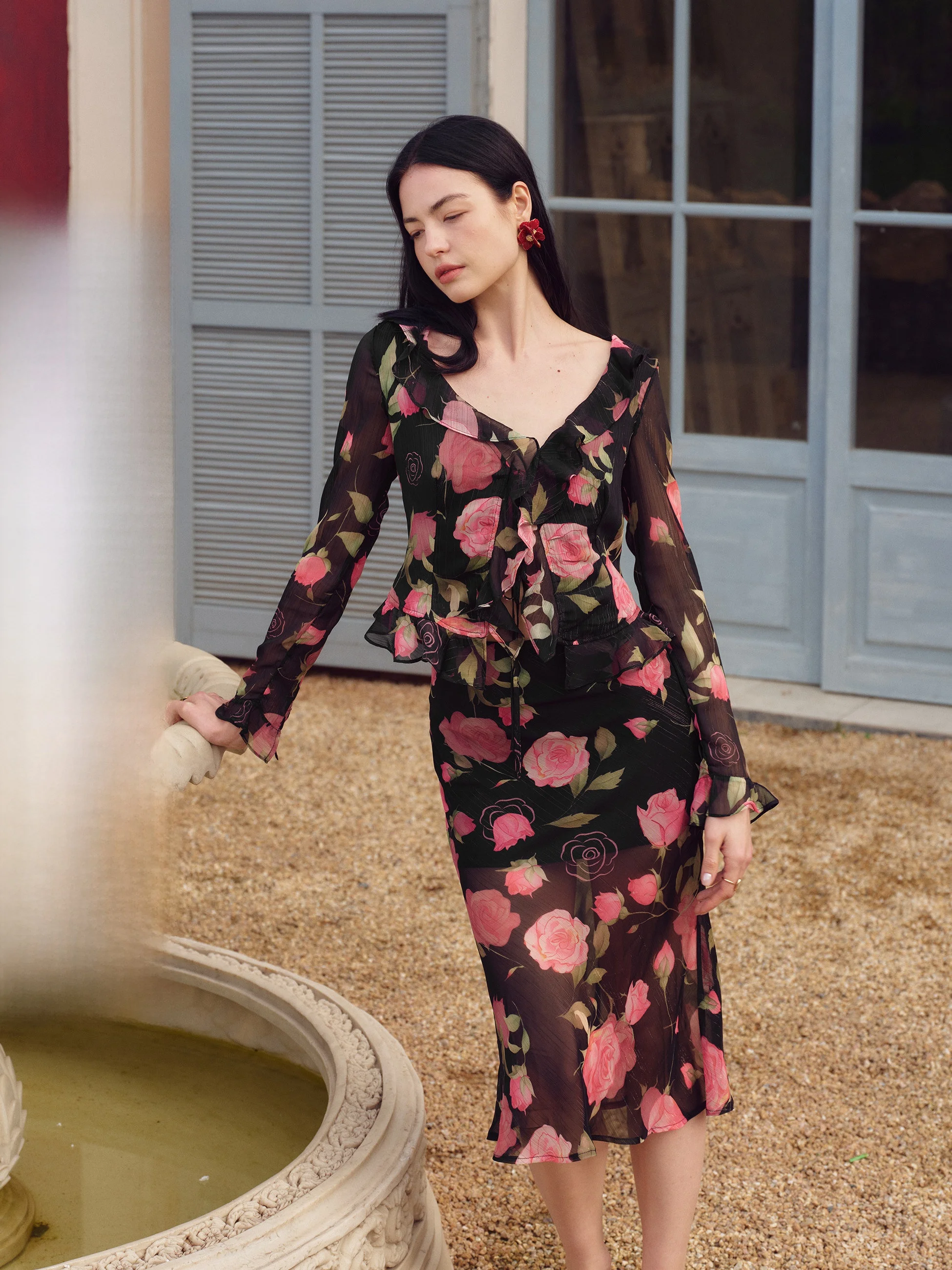 

Wearwell Yigenanaya Rose Print Chiffon Set Top Two Piece Set Women's Vacation Style Floral Breathable Spring Summer Outfit