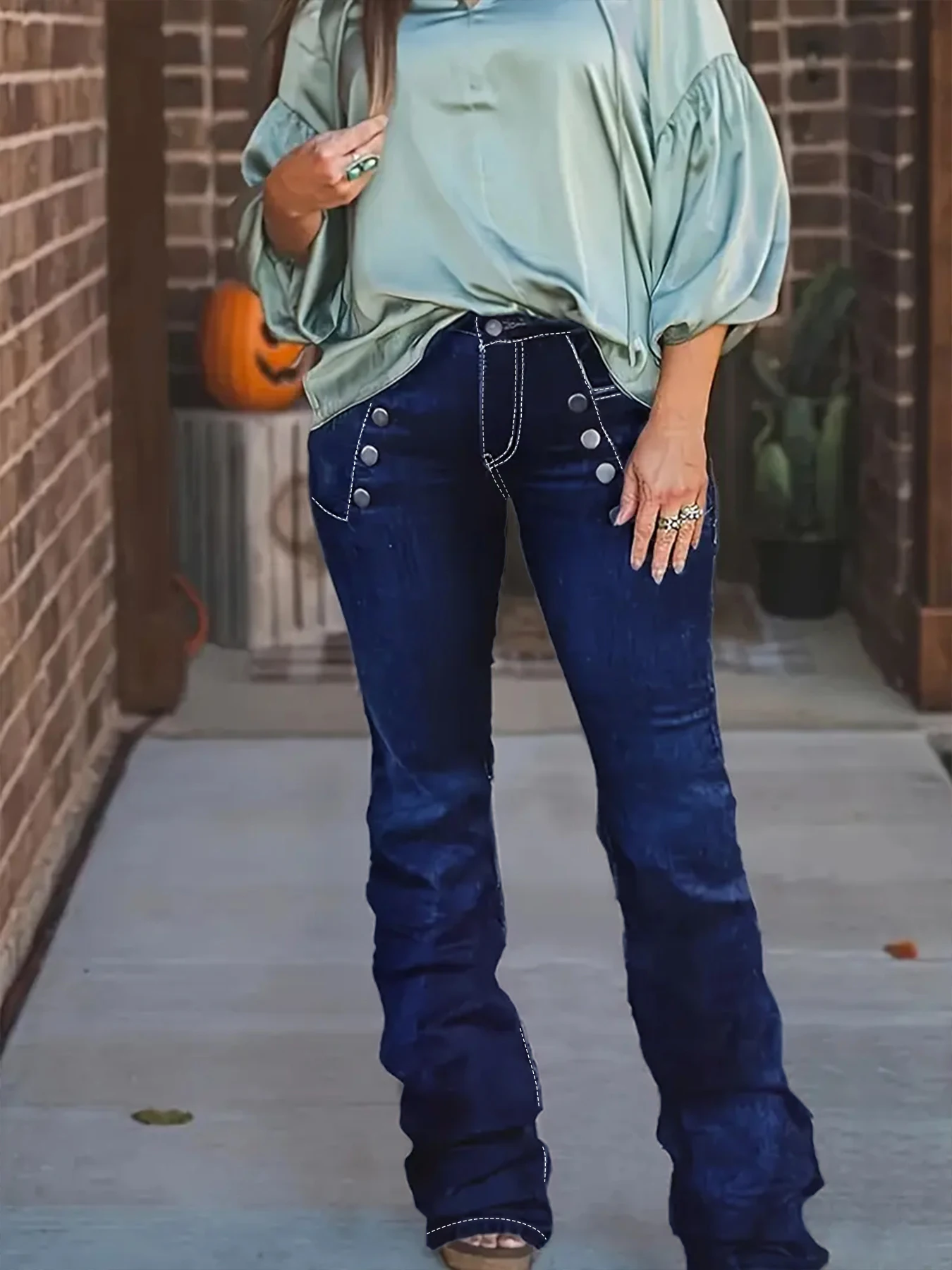 

Women's Plus Size Dark Blue Washed Contrast Stitching Double Row Button Fly Stretchy Slim Fit Denim Flare Pants
