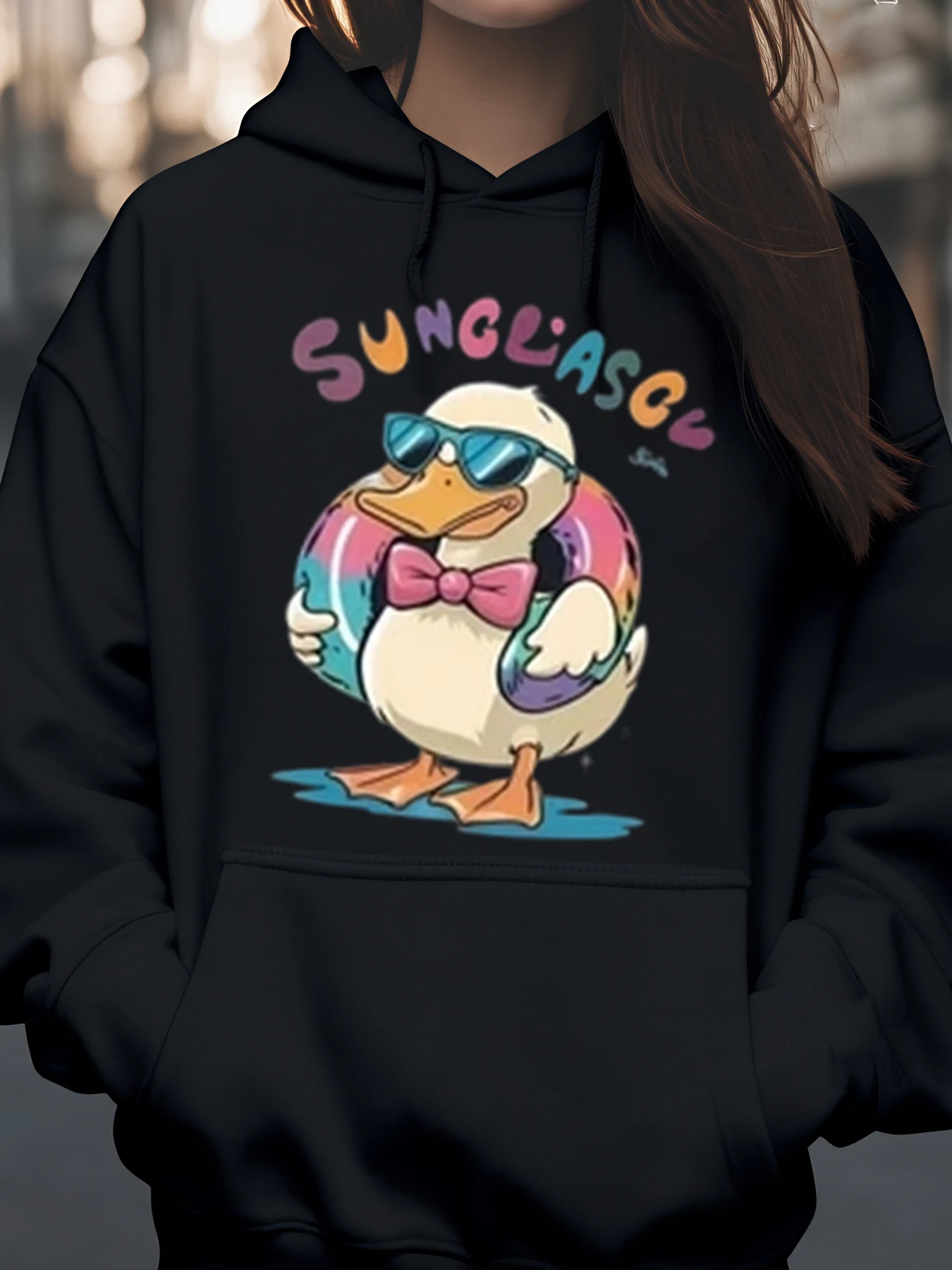

Летняя толстовка с принтом «Утка» и солнцезащитными очками и поплавком в бассейне, повседневная одежда для женщин и девочек