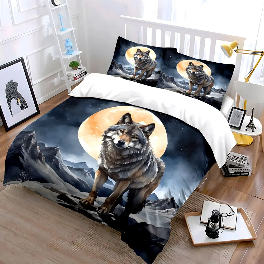 Wolf and Snowy Lunar Night Pattern Duvet Cover Set Digital Print Colorful Polyester Bedding with Zipper Closur for kids gifts