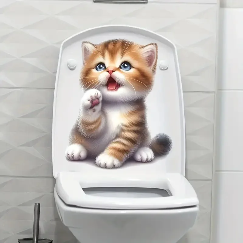 Adorable Kitten Self-Adhesive Toilet Stickers,Wall Decal Removable, Reusable PVC Sticker for Toilet Lid, Bathroom Decor