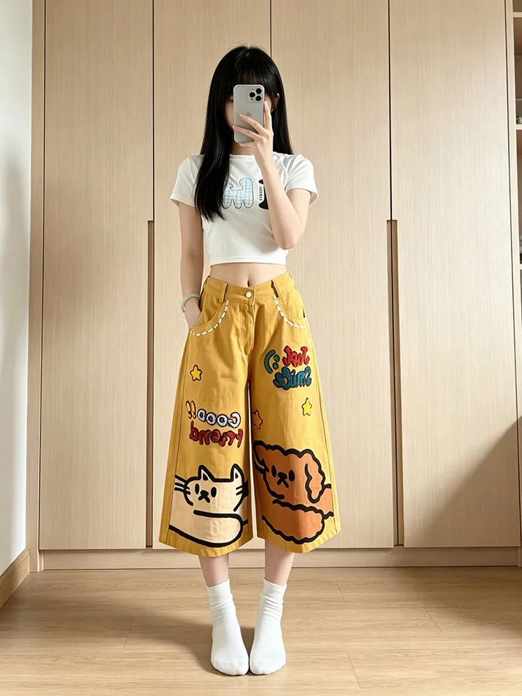 American Style Retro  Dog Embroidery Yellow Denim Seven-Foot Pants Women Summer Dopaamine Cute Loose Five-Point Shorts