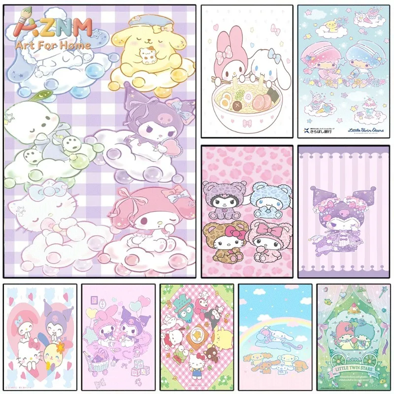 Sanrio Characters Canvas Wall Art Unframed Print Plaid Check Cloud Cute Cartoon Poster for Bedroom Dorm Home Interior Wall Decor