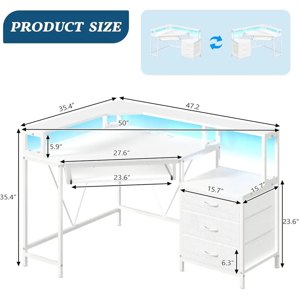 47-inch Compact Desk with Drawers, Power Outlets, Printer Shelf, and LED-lit Gaming Features, White