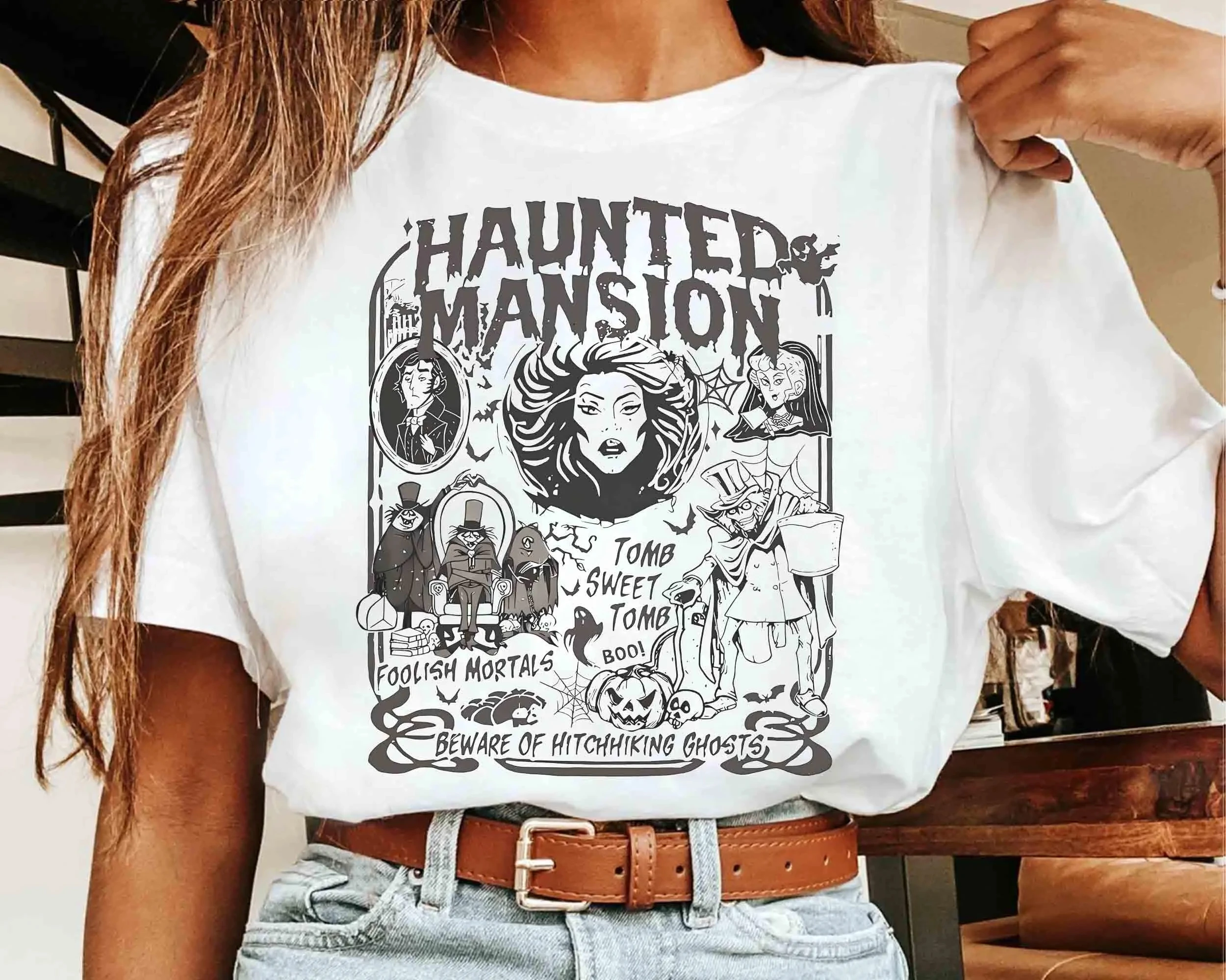 

Винтажная футболка Disney с особняком с привидениями, рубашка «Добро пожаловать, рубашка «Горбучие ступицы», призрак, поездка на девушку Диснея»