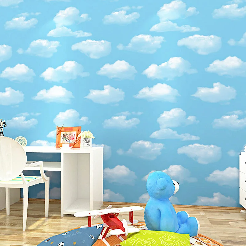 Simple Blue Sky Children's Room Bedroom Living Room Background Wallpaper Cloudy Sky Ceiling House Roof Wallpaper
