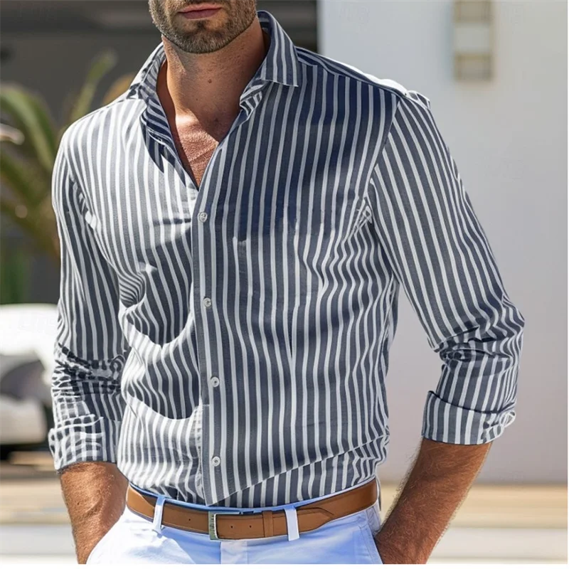 Men's Shirts Button-Down Shirts Casual Shirts Black Red Blue Long Sleeve Striped Lapel Daily Resort Clothing Fashion Casual 6XL