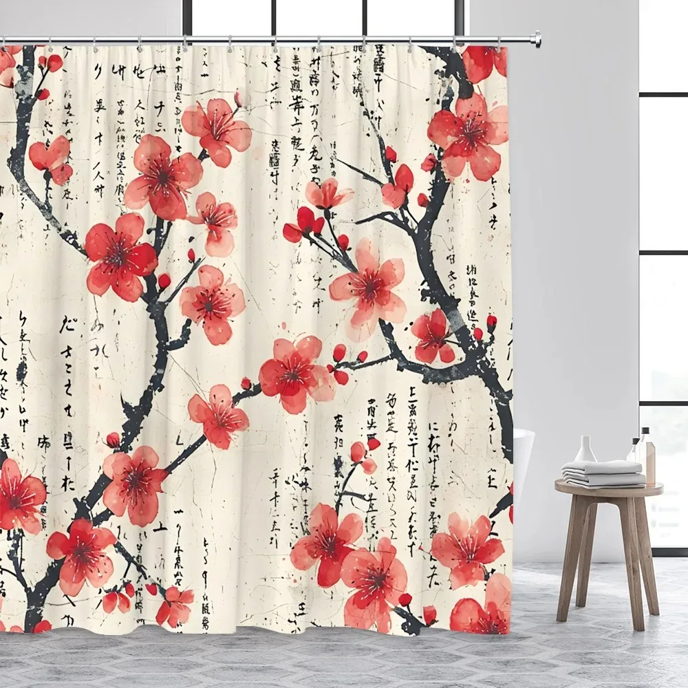 Japanese Style Ink Landscape Shower Curtain Sea Waves Crane Koi Fish Mountain Waterfall Plant Floral Bathroom Curtains Decor Set