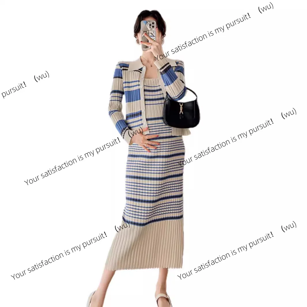 Pakaian hamil musim semi dan musim gugur bergaris gaya harum ringan kardigan tipis gaun rajut setelan dua potong musim gugur