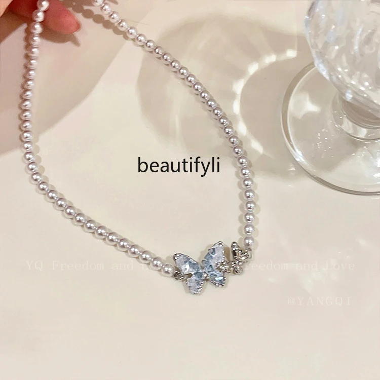 

Crystal Butterfly Stringed Pearls Necklace Women's High-Grade Dignified Generous Style Clavicle Chain Neck Chain Accessories