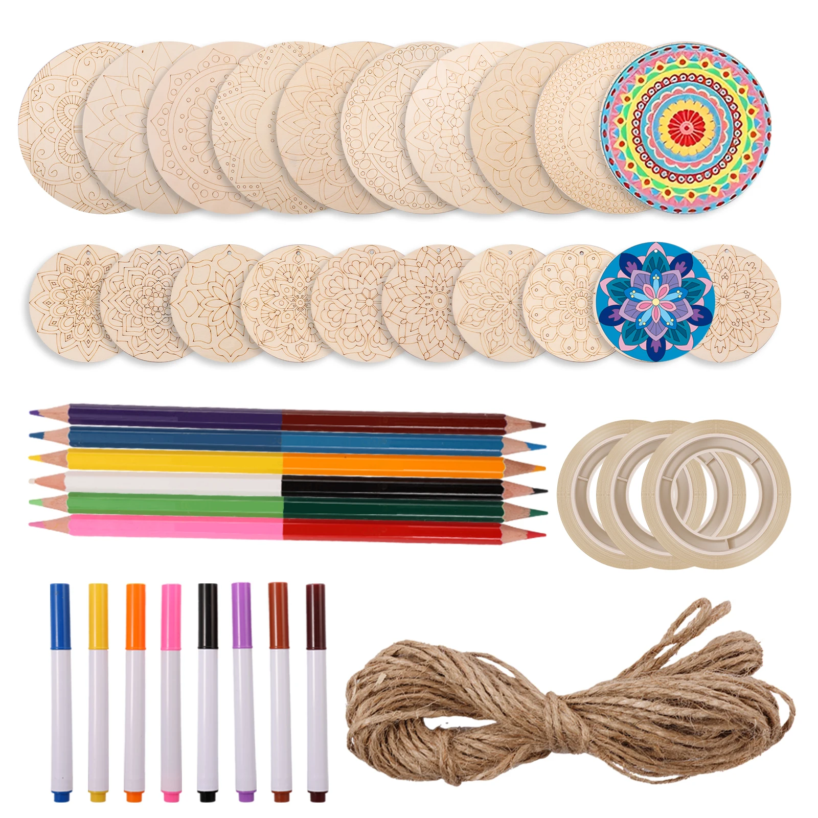 

20 шт. круглый набор для рисования древесной стружки DIY ручная работа деревянные подставки ремесла незавершенные ломтики дерева DIY набор для рисования мандалы для детей
