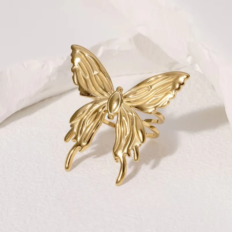 Uorich Simple Gold Plated Stainless Steel Butterfly Opening Adjustable Ring for Women Trendy Not Easy To Fade Jewelry Daily Wear