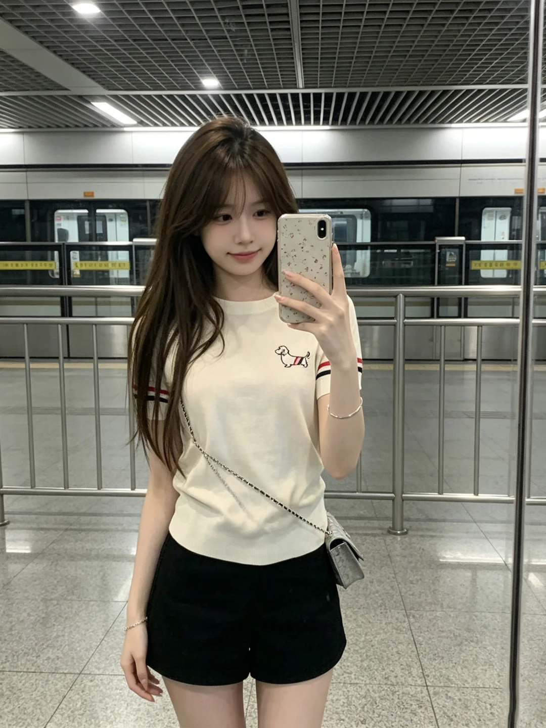 Elegant College Style Short Sleeve Knitted T-Shirt Women's Slim Fit Summer Top with Embroidered Puppies Design Youthful