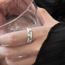 New Vintage Enamel Tulip Flower Rings for Women Fashion Simple Sliver Color Adjustable Opening Finger Ring Party Weeding Jewelry