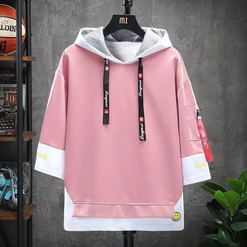 Trendy Design Sensibility Loose-fit Hooded Sweatshirt Top Two-piece Illusion Style Suitable For Youth Casual Summer Wear