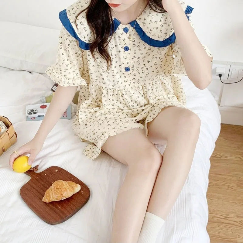 Korean Sleepwear Women Pajama Sets Peter Pan Collar Short Sleeve Piiama Summer Set 2 Pieces Floral Sleeping Home Suit Night Wear