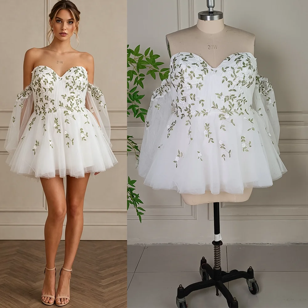 Detachable Long Puff Shoulders Plus Size Mini Bridal Gowns Customized Sweetheart Princess Embroidered Short Green Wedding Dress