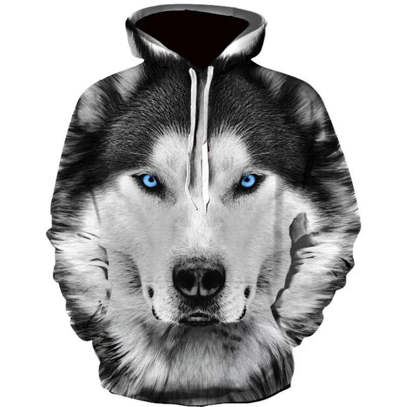 2025 Spring and Autumn Men's Junior Wolf Hoodie Fashion 3D Wolf Print Loose Street Wear Funny Animal Street Hip Hop Sweater