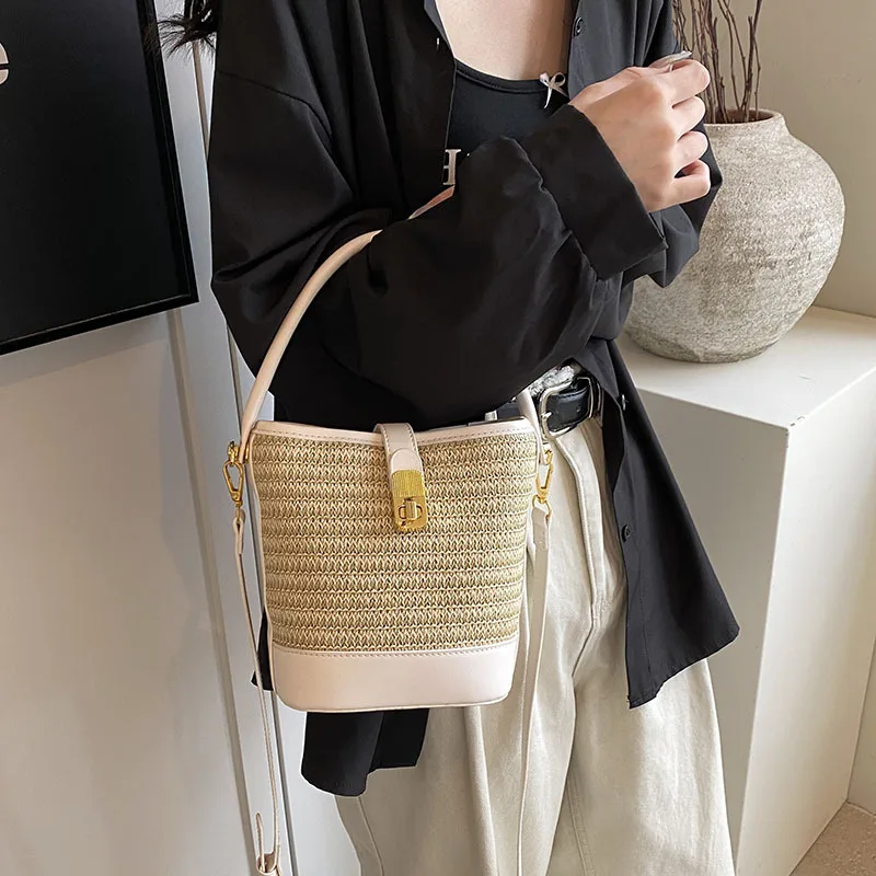 

National Style Straw Knitting Women's Handle Bag Popular Korea Style Shoulder Bucket Bag Elegant Phone Crossbody Bag