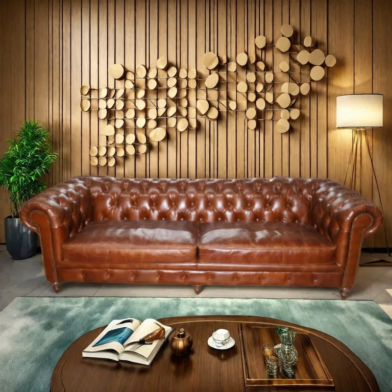 #Top-Grain Genuine Leather Sofa Seater Vintage Blue Tufted Sofa for Living Rooms Antique-Inspired Design with Classic