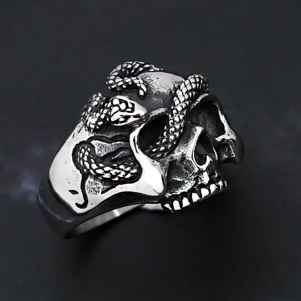 Vintage Punk Hip Hop Snake Skull Ring Stainless Steel Snake Rings For Men Biker Unique Animal Amulet Jewelry Gift Dropshipping