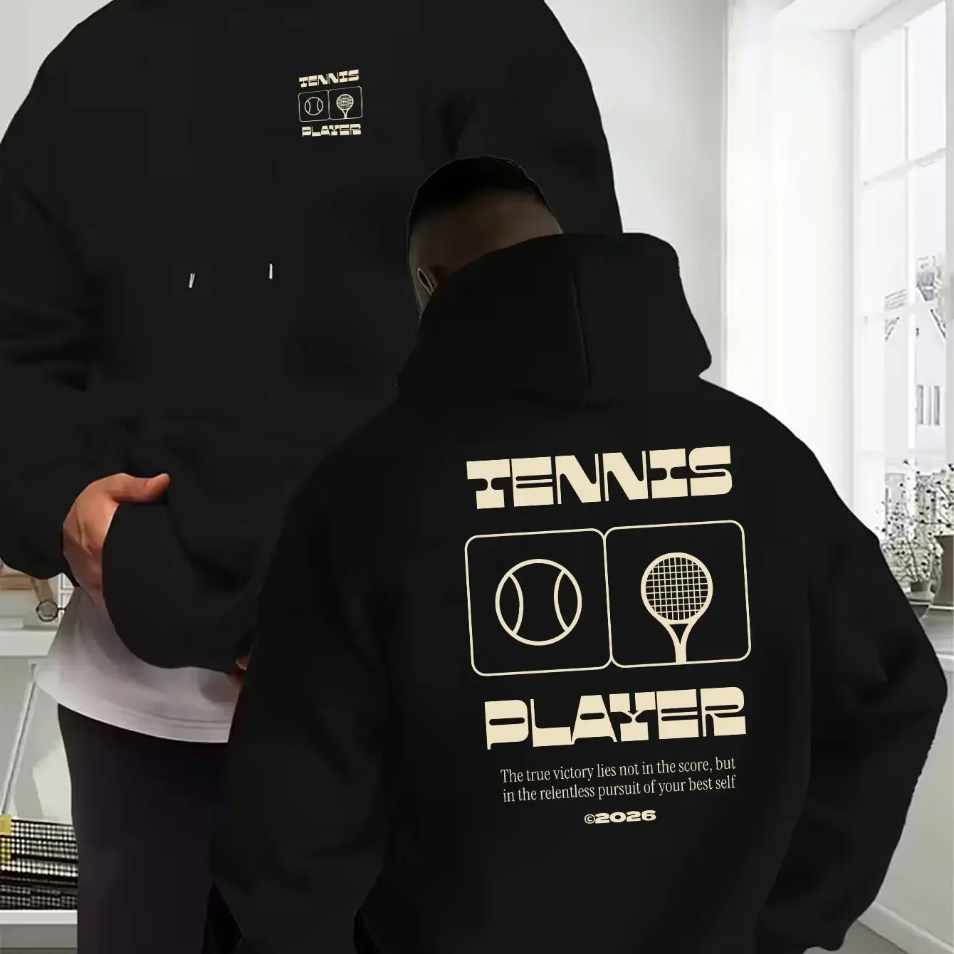 Men Thick Warm Hoodie Retro Minimal Tennis Ball Racket Box TENNIS PLAYER Bold Text Print Training Daily Commute Pullover