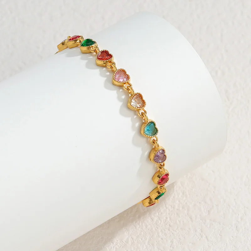 Letdiffery Colorful Heart Zircon Bracelet for Women Gold Plated Stainless Steel Chain Bracelet Multicolor Love Party Jewelry