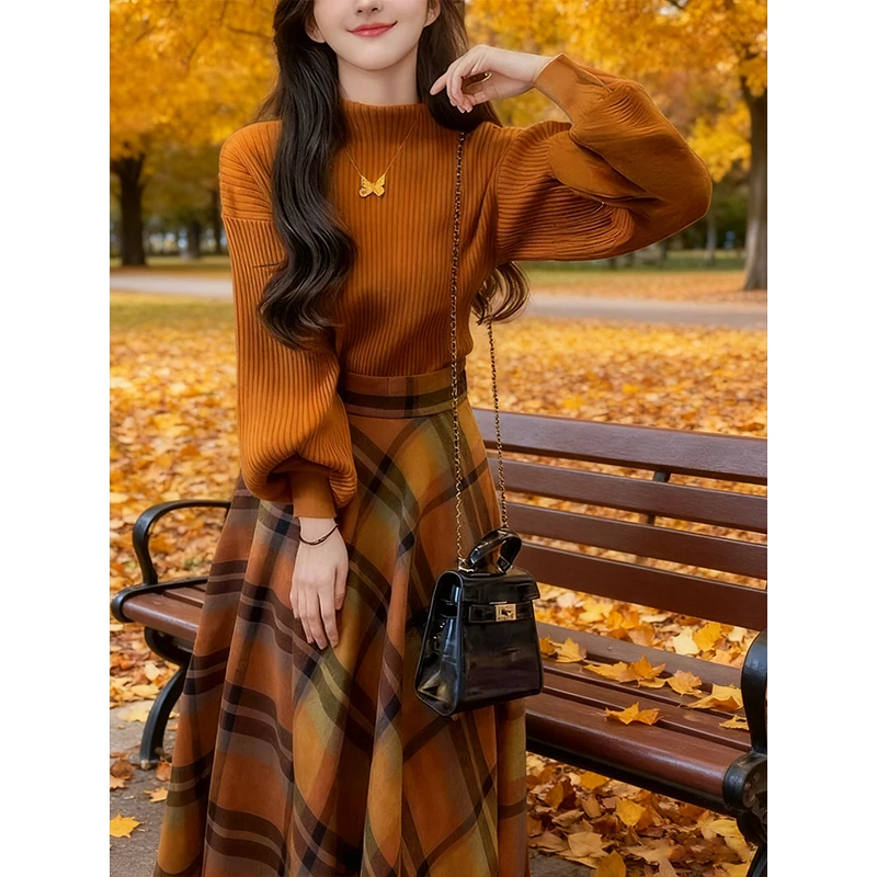 Retro sle feminino camisola de malha e saia xadrez conjunto de duas peças outono faion conjunto saia de cintura alta longa sve