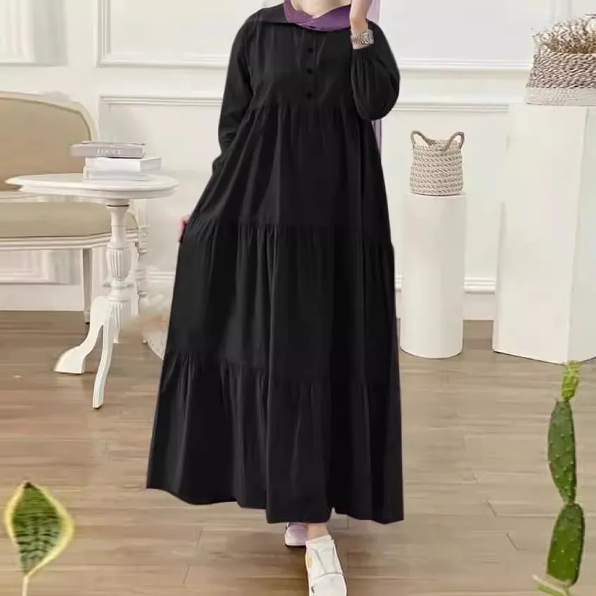 Robe musulmane de dubaï, couleur unie, ample, col décontracté, décorée de boutons, manches longues, en coton et lin, nouvelle mode