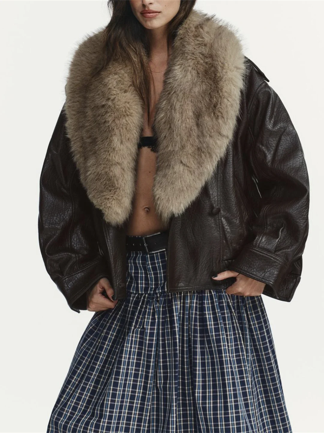 

Faionable Detachable Fur Collar PU Leather Jaet Women's Outerwear Autumn Winter New Sle High-End Feel Zipper Slim Fit