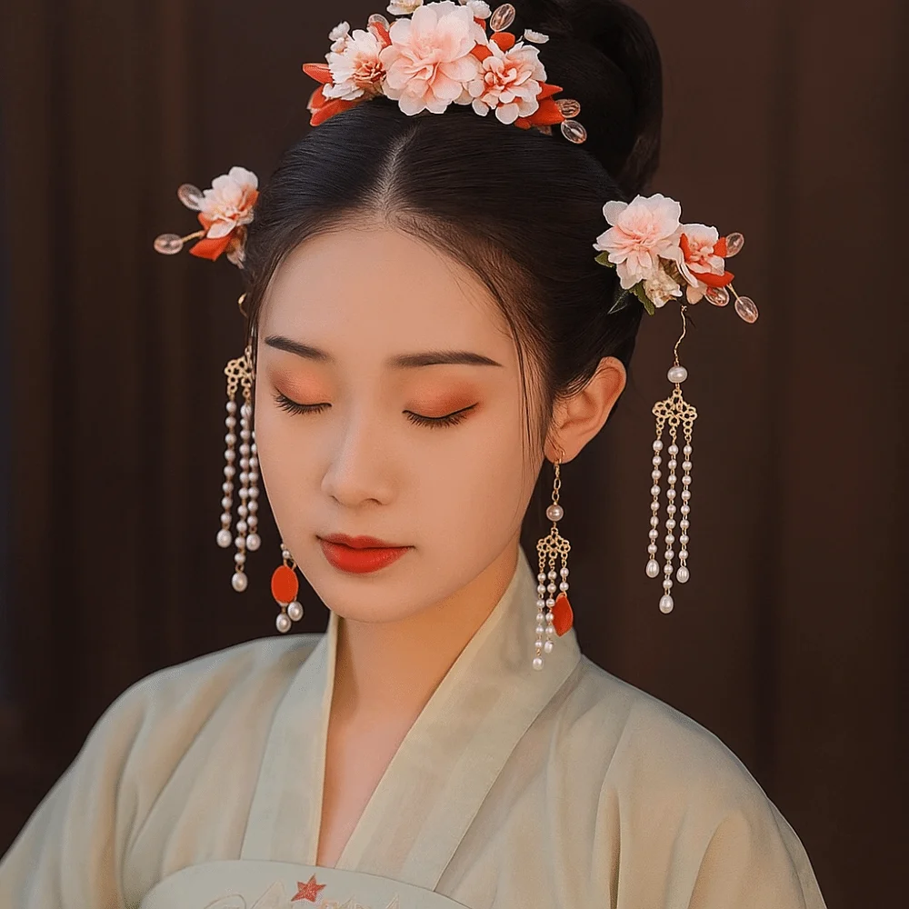 

Retro Tassel Chinese Style Hairpin Set Earring Pearl Hanfu Hair Stick Headwear Hair Chopstick Flower Hair Comb Cheongsam