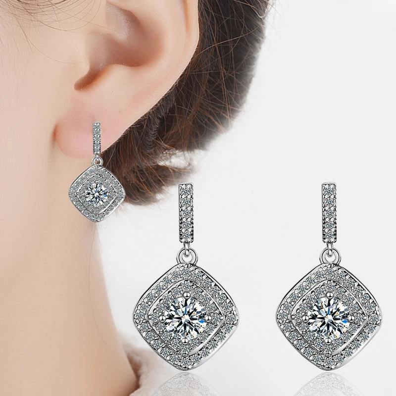 New Fashion Square&Round Zircon Drop Earrings 925 Sterling Silver Circle Rhinestone Shake Pendant Ear Stud Women Jewelry Gift