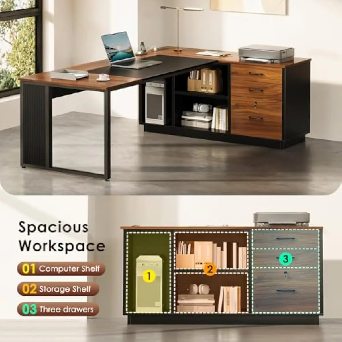 L Shaped Executive Desk 71 Inch Walnut Finish Modern Workspace with Built In USB AC Outlets Spacious Dual Surface Storage Drawer 4