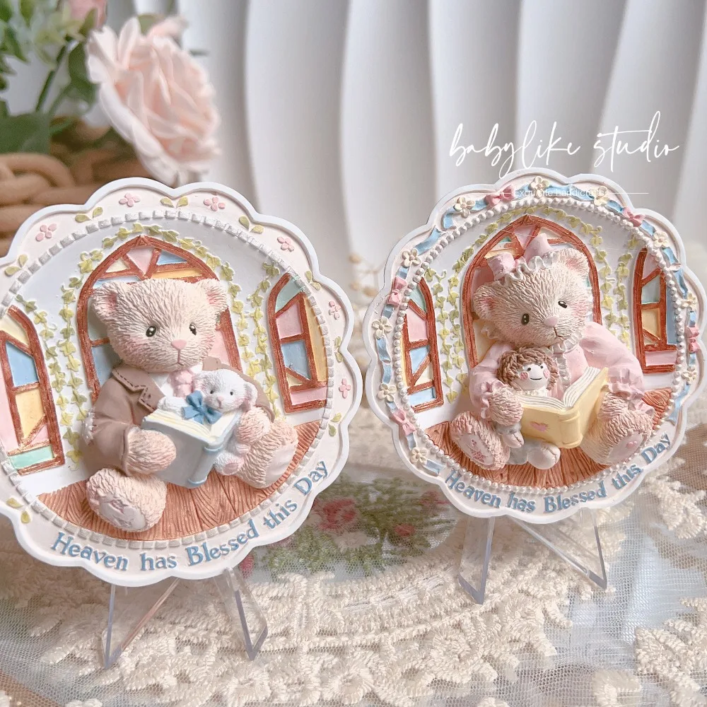 Gentle Couple Bear Relief Plate Aromatherapy Plaster DIY Coloring White Blank Model Painting By Yourself Sculpture Figurines